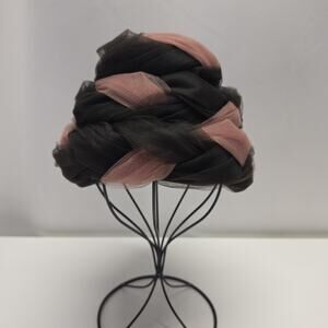 60s Jan Leslie Custom Design Mauve Pink Black Mesh Netting Beehive Formal Hat